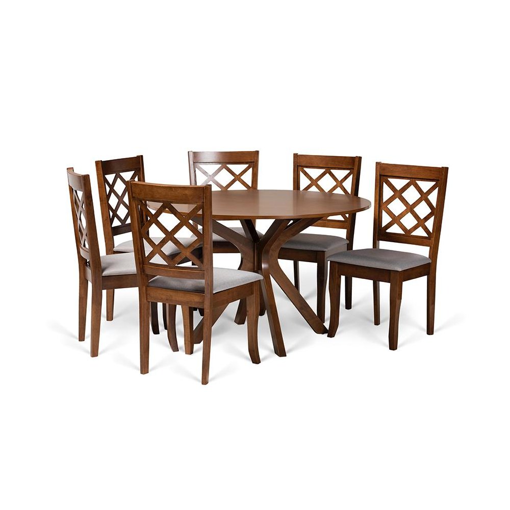 Grey Fabric Upholstered and Walnut Brown Finished Wood 7-Piece Dining Set. Picture 1