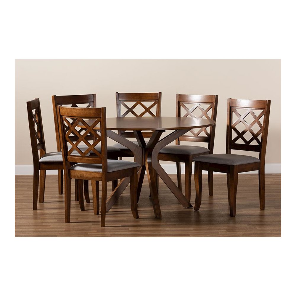 Grey Fabric Upholstered and Walnut Brown Finished Wood 7-Piece Dining Set. Picture 8