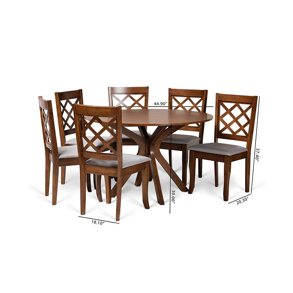Grey Fabric Upholstered and Walnut Brown Finished Wood 7-Piece Dining Set. Picture 9