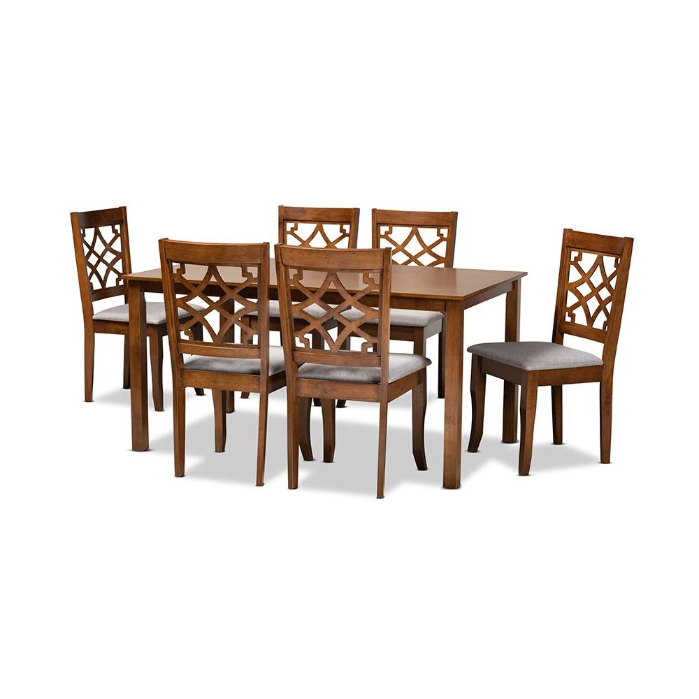 Grey Fabric Upholstered and Walnut Brown Finished Wood 7-Piece Dining Set. Picture 1
