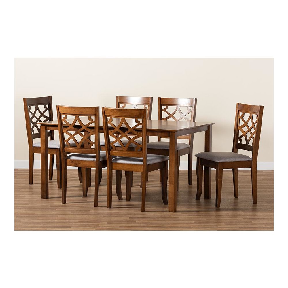 Grey Fabric Upholstered and Walnut Brown Finished Wood 7-Piece Dining Set. Picture 8