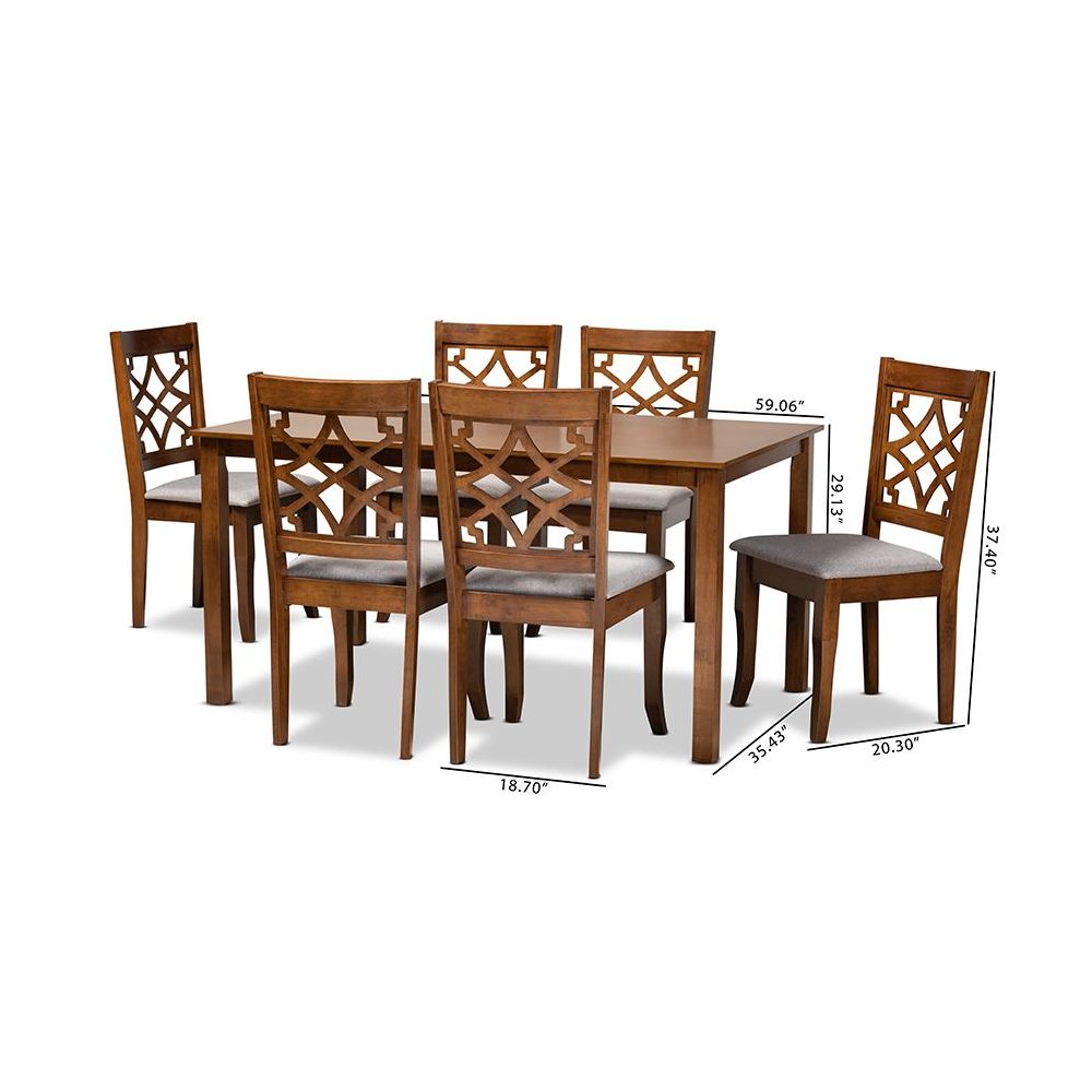 Grey Fabric Upholstered and Walnut Brown Finished Wood 7-Piece Dining Set. Picture 9