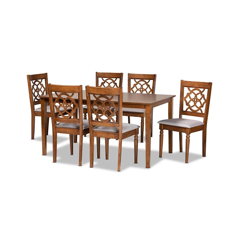 Grey Fabric Upholstered and Walnut Brown Finished Wood 7-Piece Dining Set. Picture 1