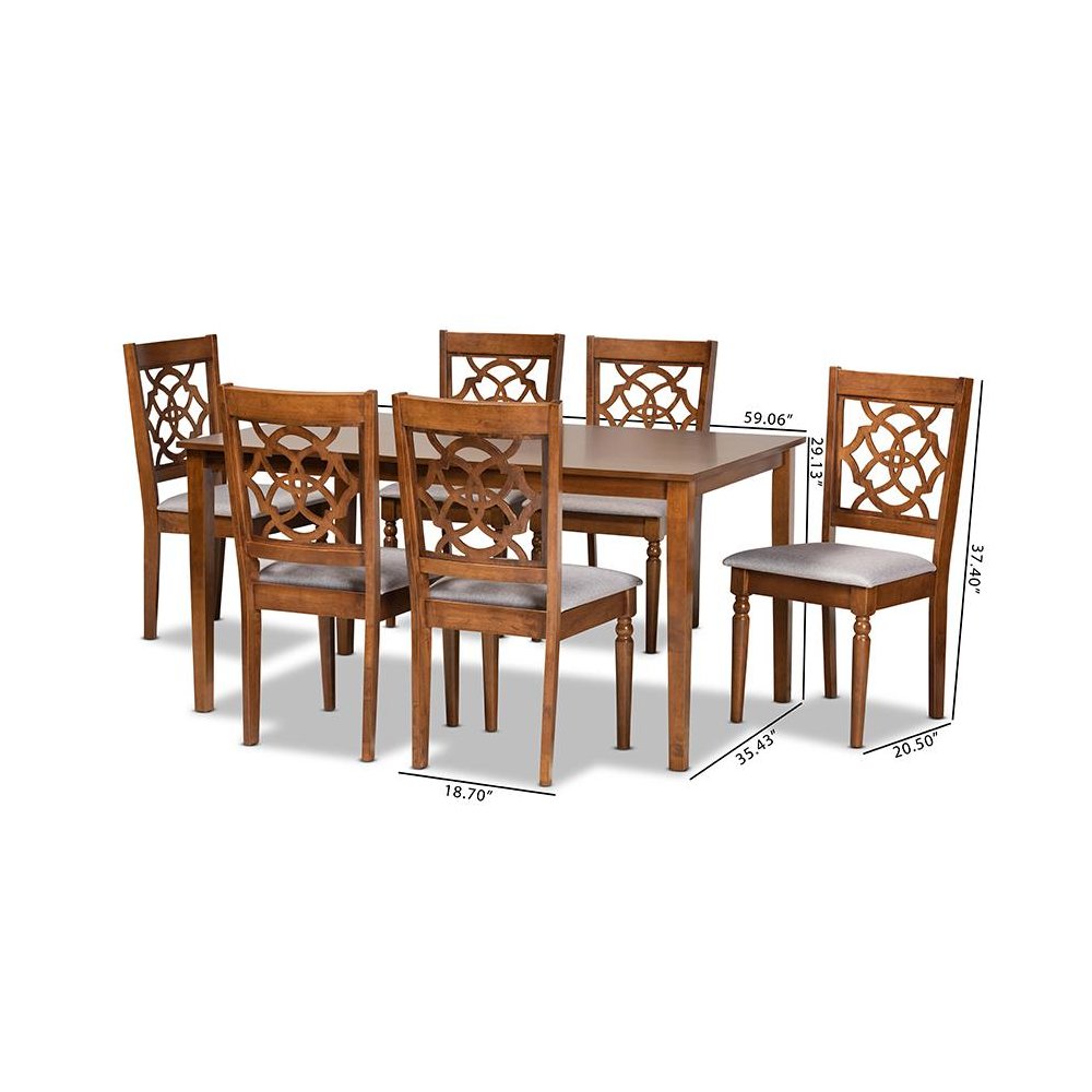 Grey Fabric Upholstered and Walnut Brown Finished Wood 7-Piece Dining Set. Picture 9