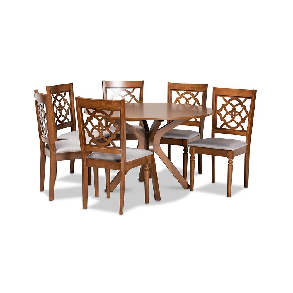 Grey Fabric Upholstered and Walnut Brown Finished Wood 7-Piece Dining Set. Picture 1