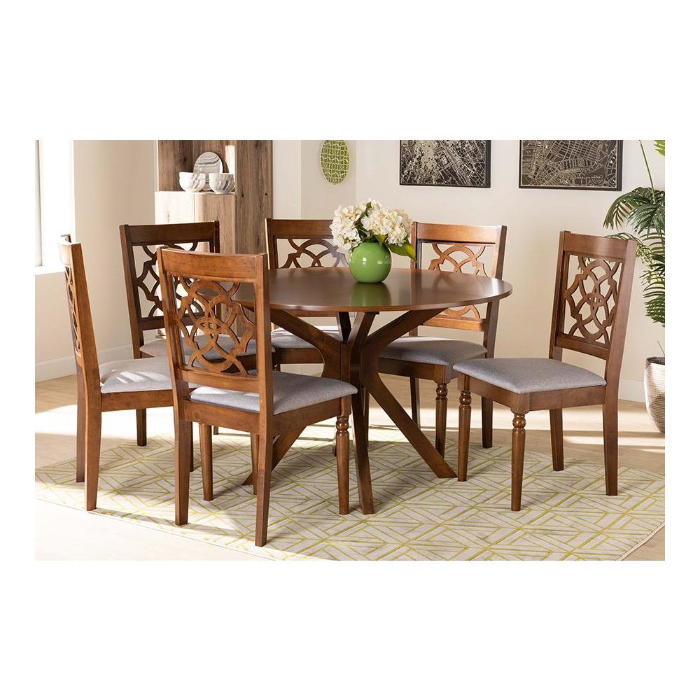 Grey Fabric Upholstered and Walnut Brown Finished Wood 7-Piece Dining Set. Picture 7