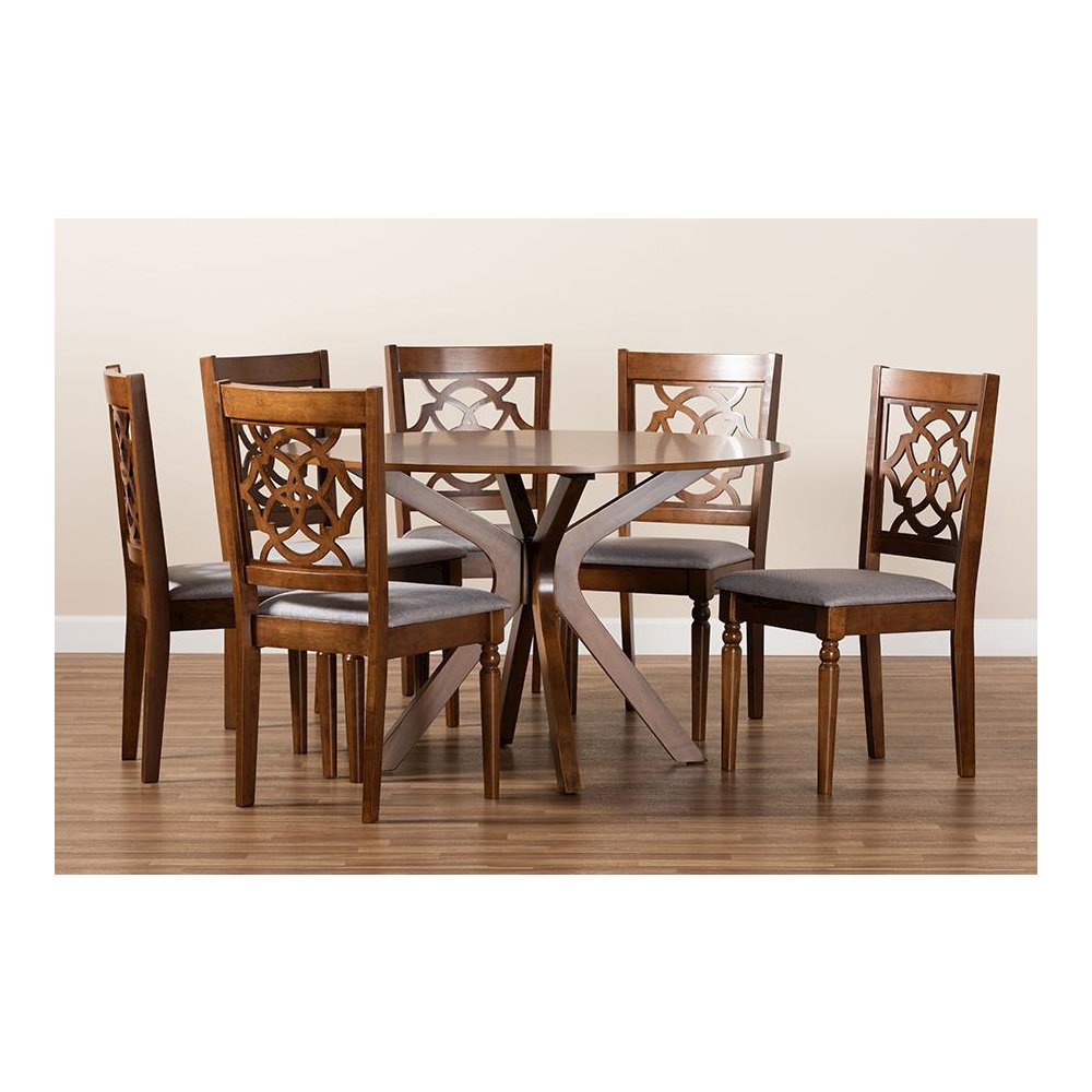 Grey Fabric Upholstered and Walnut Brown Finished Wood 7-Piece Dining Set. Picture 8