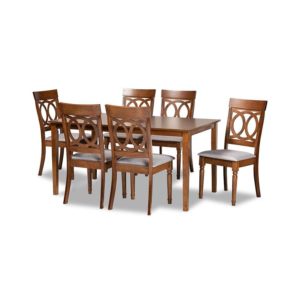 Grey Fabric Upholstered and Walnut Brown Finished Wood 7-Piece Dining Set. Picture 1
