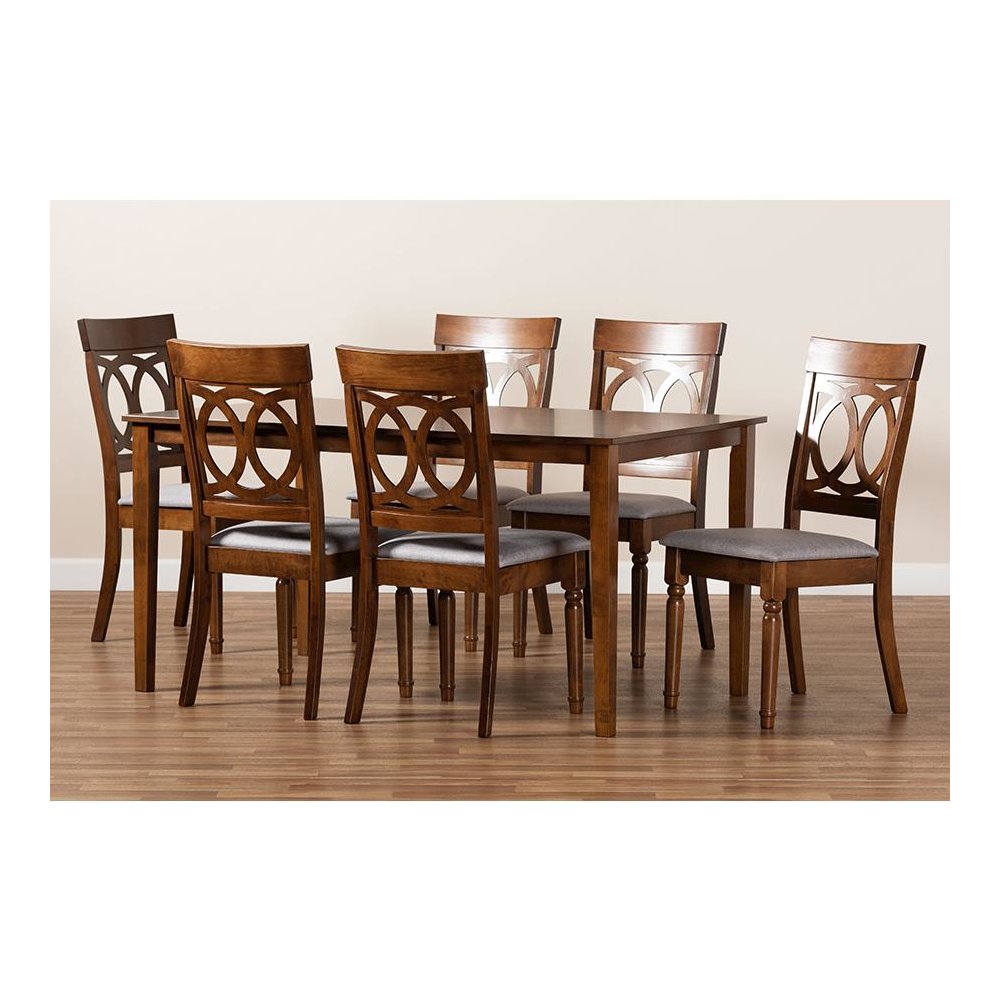 Grey Fabric Upholstered and Walnut Brown Finished Wood 7-Piece Dining Set. Picture 8