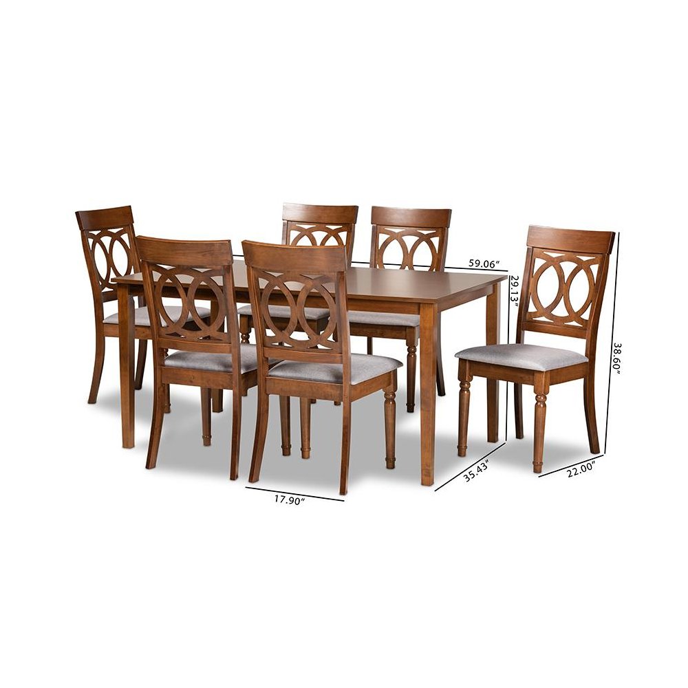 Grey Fabric Upholstered and Walnut Brown Finished Wood 7-Piece Dining Set. Picture 9