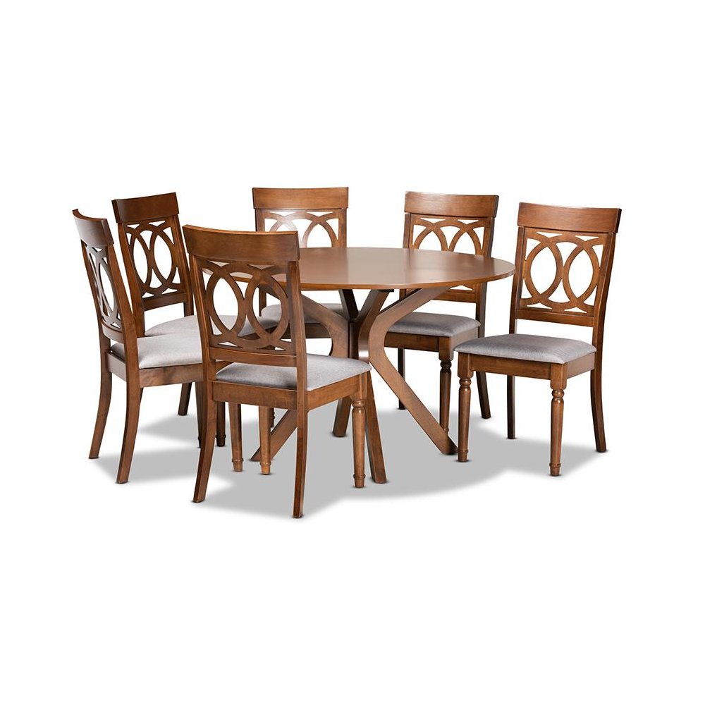 Grey Fabric Upholstered and Walnut Brown Finished Wood 7-Piece Dining Set. Picture 1