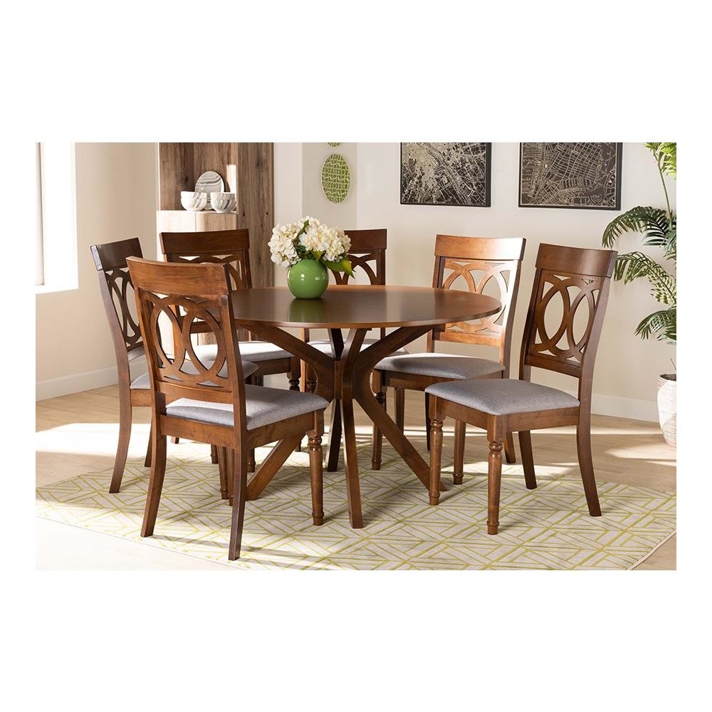 Grey Fabric Upholstered and Walnut Brown Finished Wood 7-Piece Dining Set. Picture 7