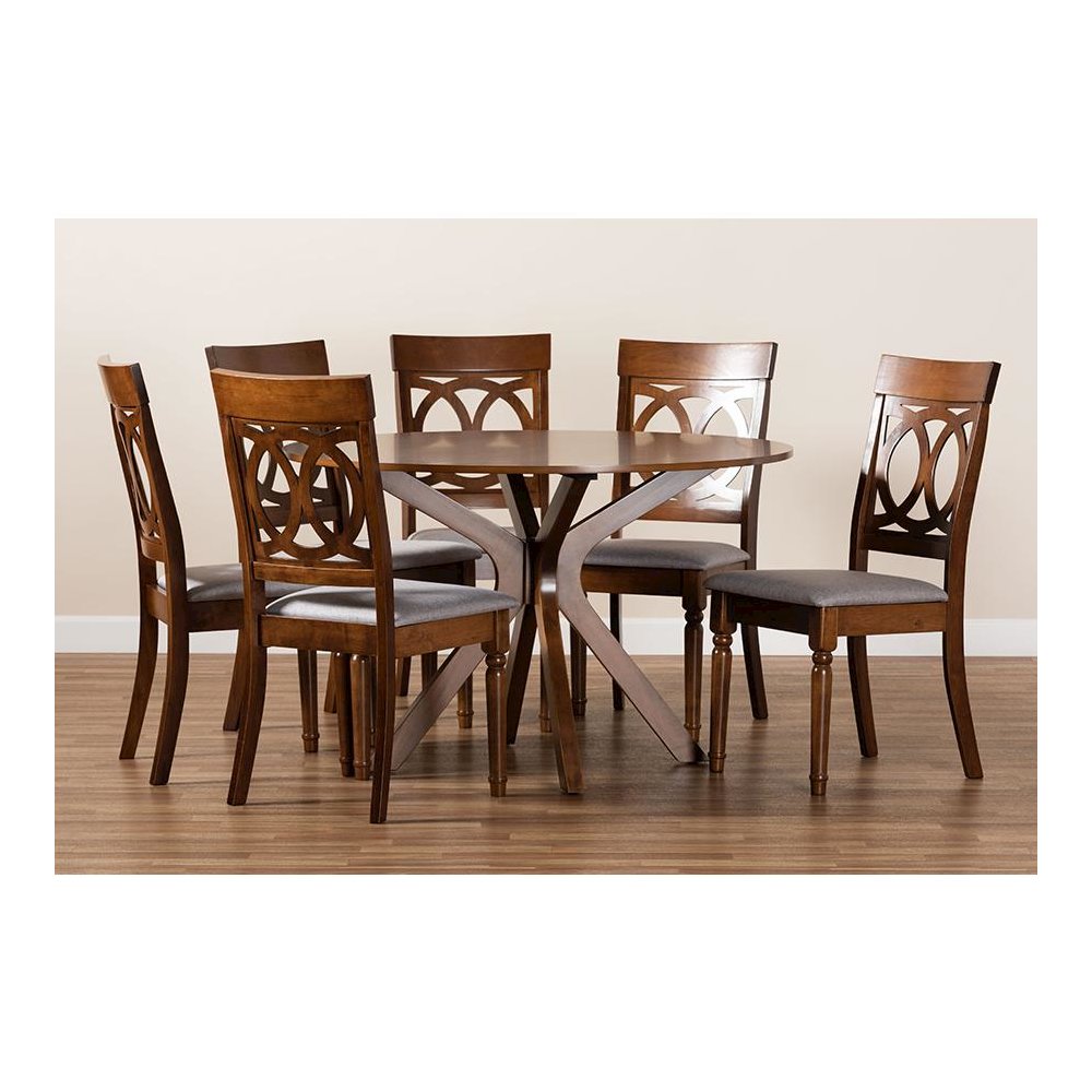 Grey Fabric Upholstered and Walnut Brown Finished Wood 7-Piece Dining Set. Picture 8