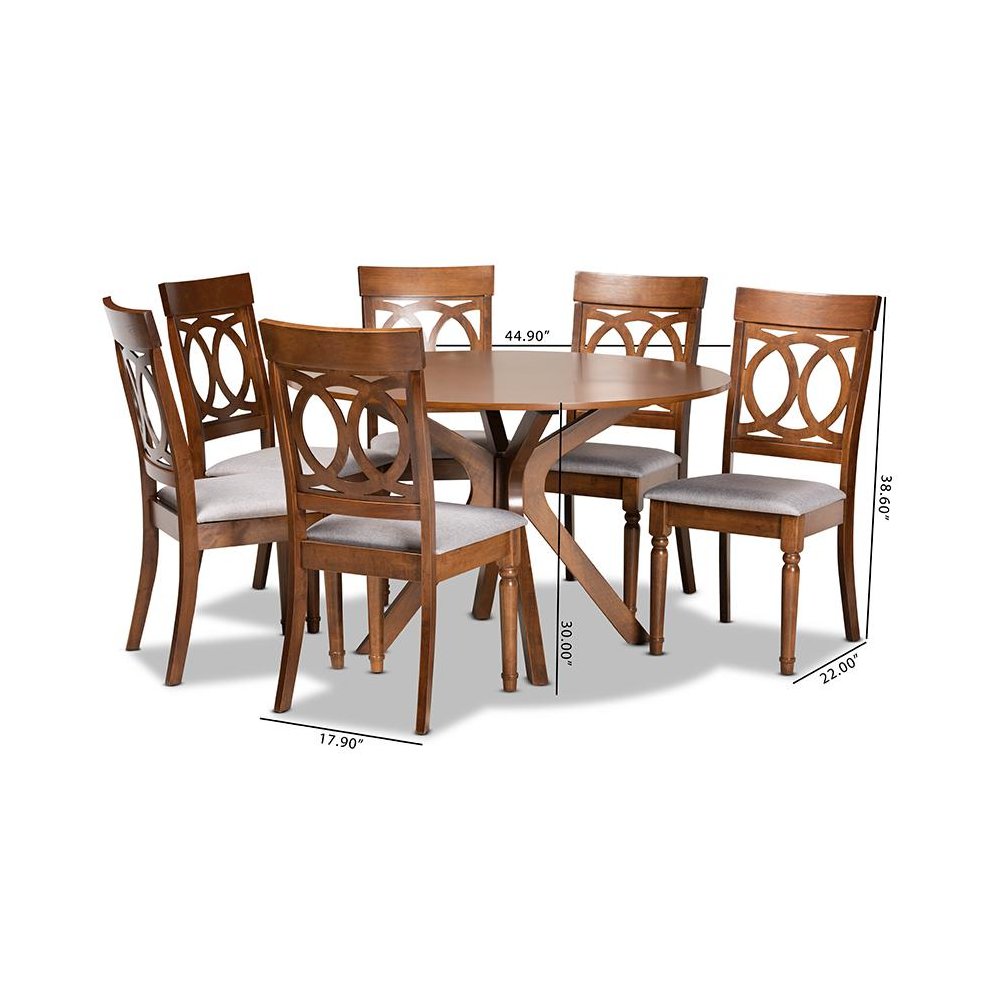 Grey Fabric Upholstered and Walnut Brown Finished Wood 7-Piece Dining Set. Picture 9