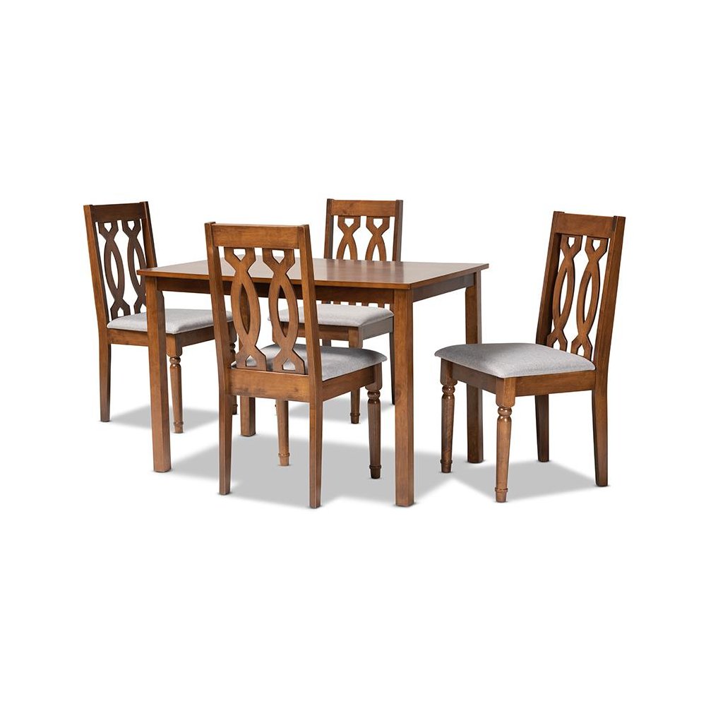 Grey Fabric Upholstered and Walnut Brown Finished 5-Piece Wood Dining Set. Picture 1