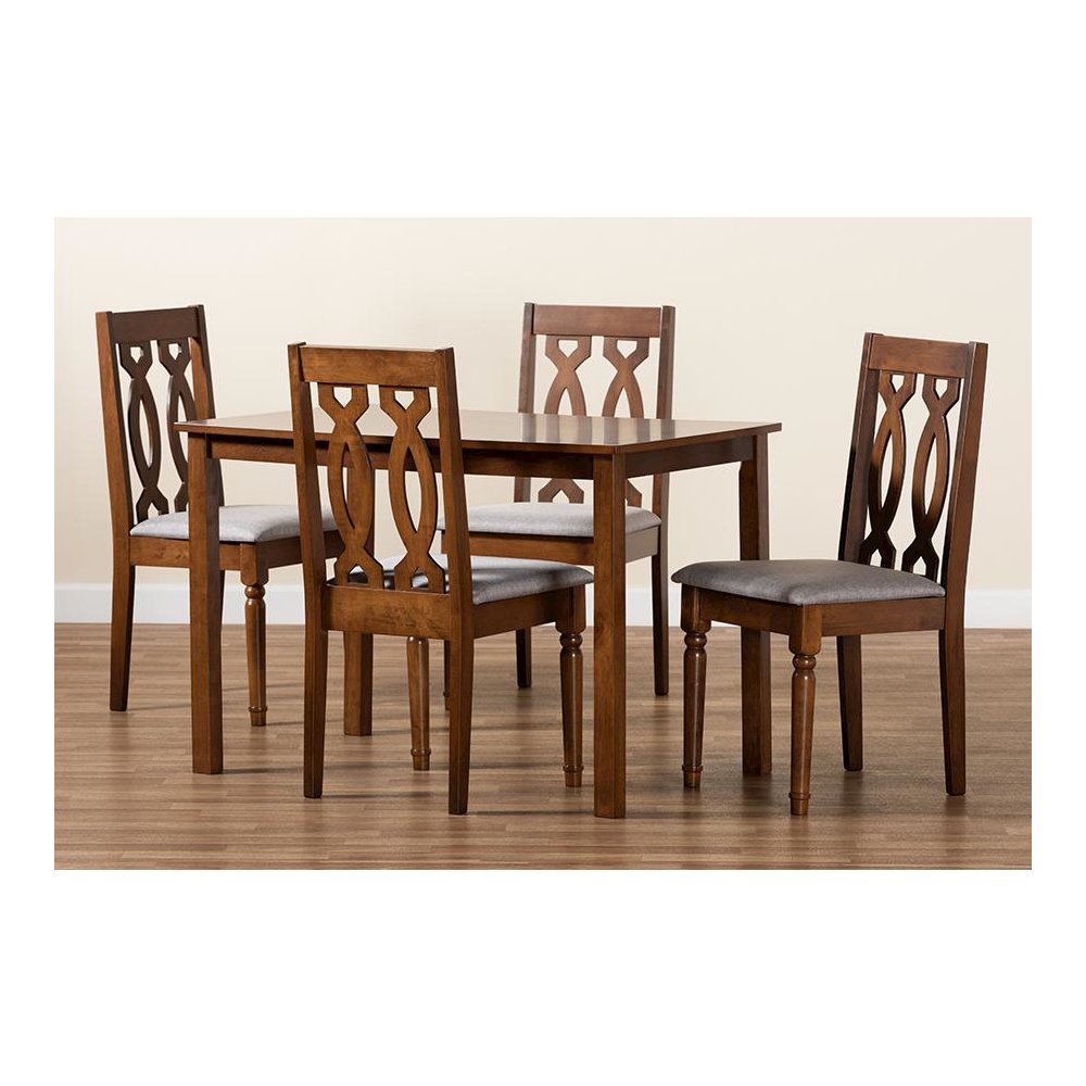 Grey Fabric Upholstered and Walnut Brown Finished 5-Piece Wood Dining Set. Picture 8