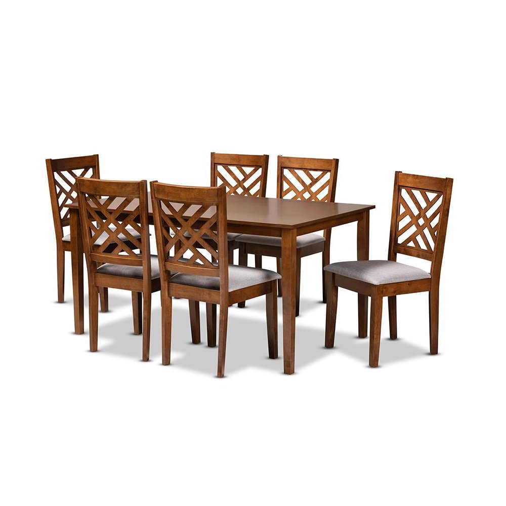 Grey Fabric Upholstered and Walnut Brown Finished Wood 7-Piece Dining Set. Picture 1