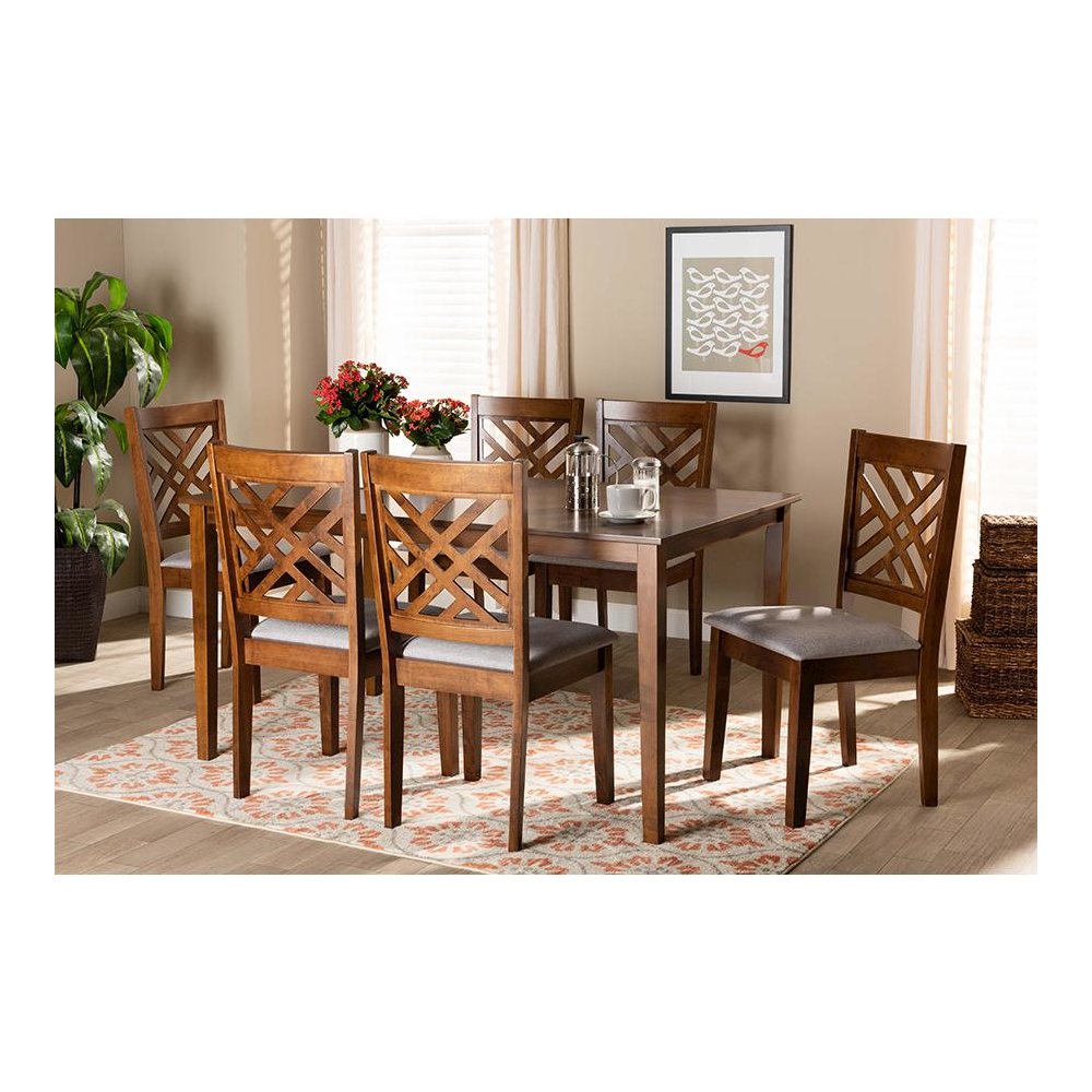 Grey Fabric Upholstered and Walnut Brown Finished Wood 7-Piece Dining Set. Picture 7