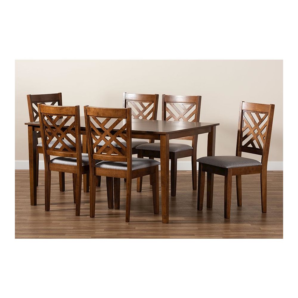 Grey Fabric Upholstered and Walnut Brown Finished Wood 7-Piece Dining Set. Picture 8