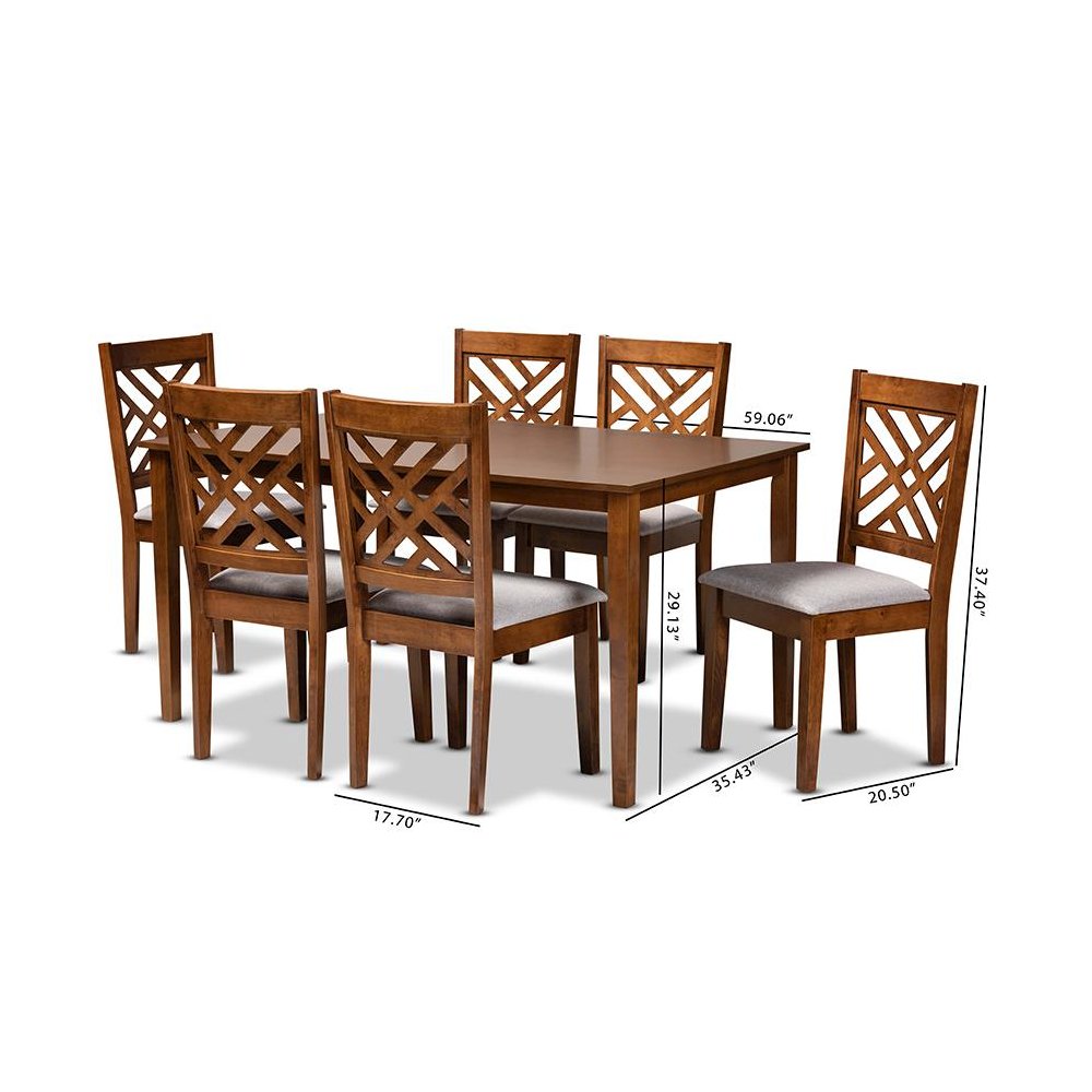 Grey Fabric Upholstered and Walnut Brown Finished Wood 7-Piece Dining Set. Picture 9