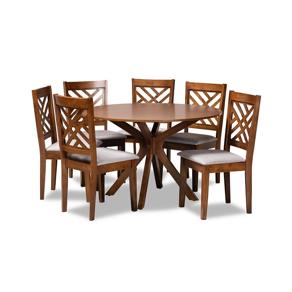 Grey Fabric Upholstered and Walnut Brown Finished Wood 7-Piece Dining Set. Picture 1