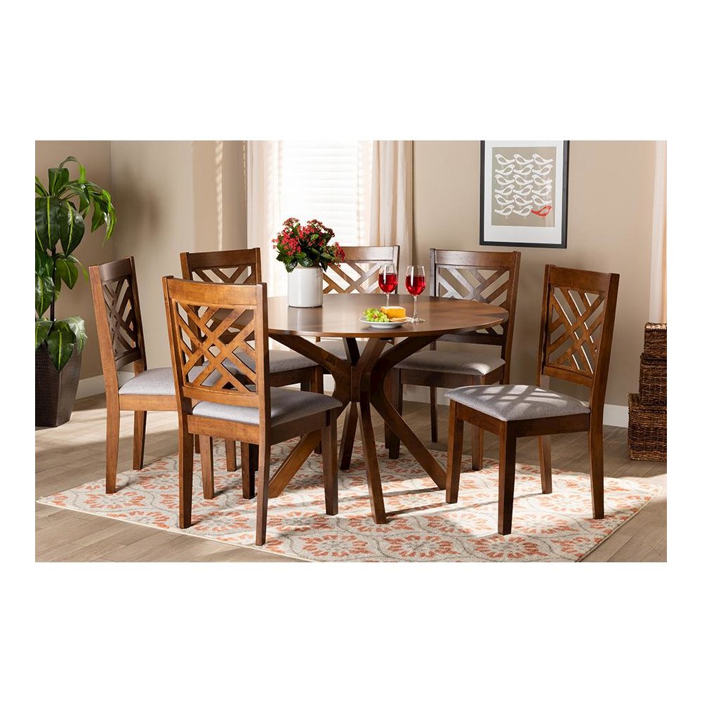 Grey Fabric Upholstered and Walnut Brown Finished Wood 7-Piece Dining Set. Picture 7