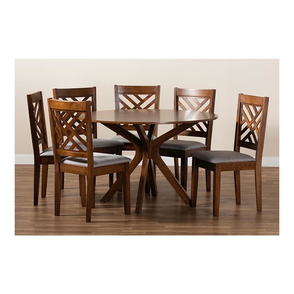 Grey Fabric Upholstered and Walnut Brown Finished Wood 7-Piece Dining Set. Picture 8