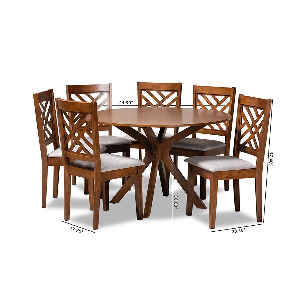 Grey Fabric Upholstered and Walnut Brown Finished Wood 7-Piece Dining Set. Picture 9