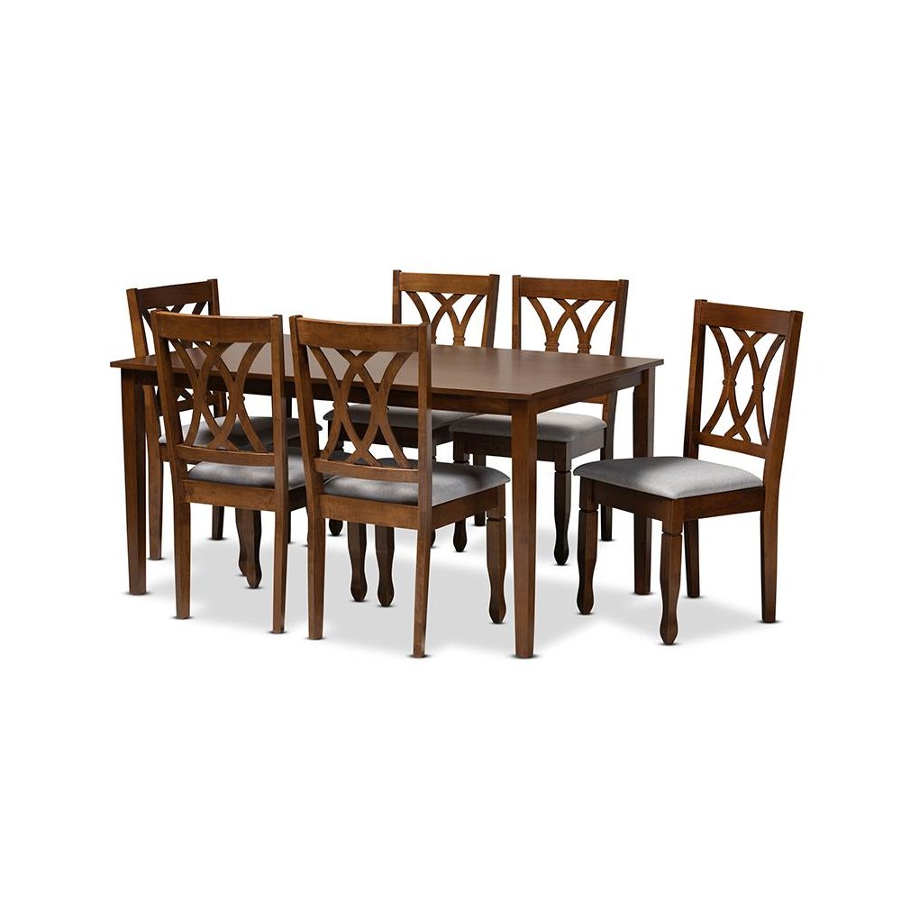 Grey Fabric Upholstered and Walnut Brown Finished Wood 7-Piece Dining Set. Picture 1