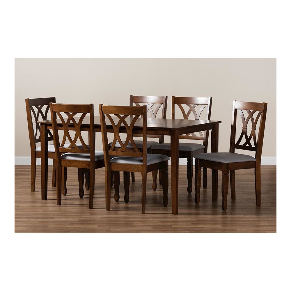 Grey Fabric Upholstered and Walnut Brown Finished Wood 7-Piece Dining Set. Picture 8