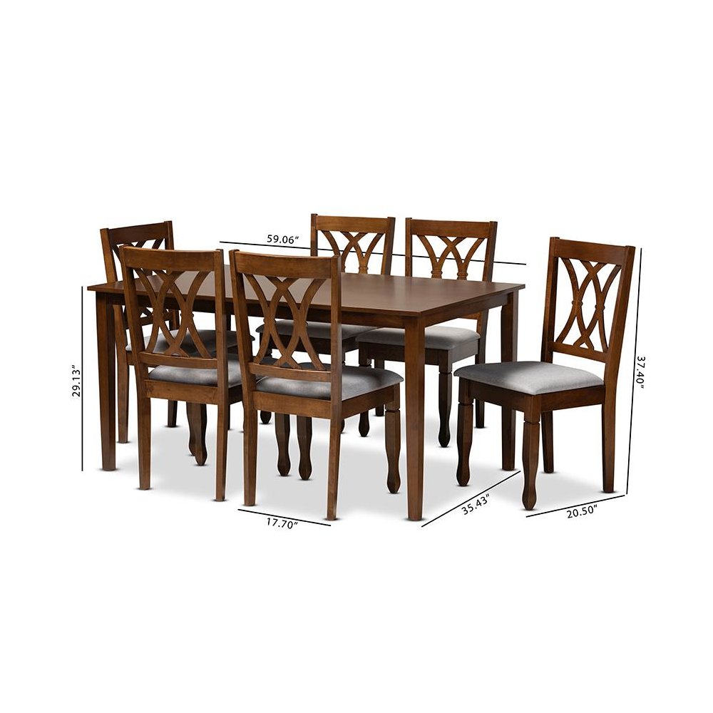 Grey Fabric Upholstered and Walnut Brown Finished Wood 7-Piece Dining Set. Picture 9
