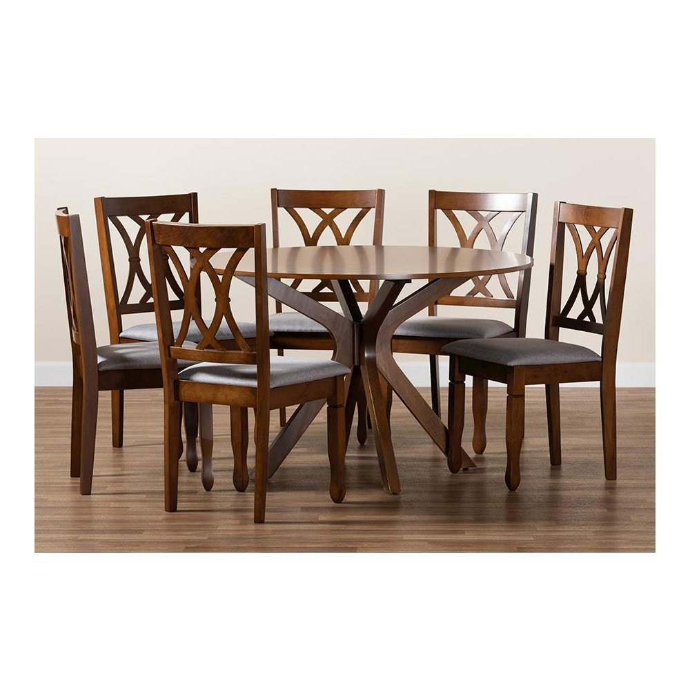 Maya Modern Grey Fabric and Walnut Brown Finished Wood 7-Piece Dining Set. Picture 9