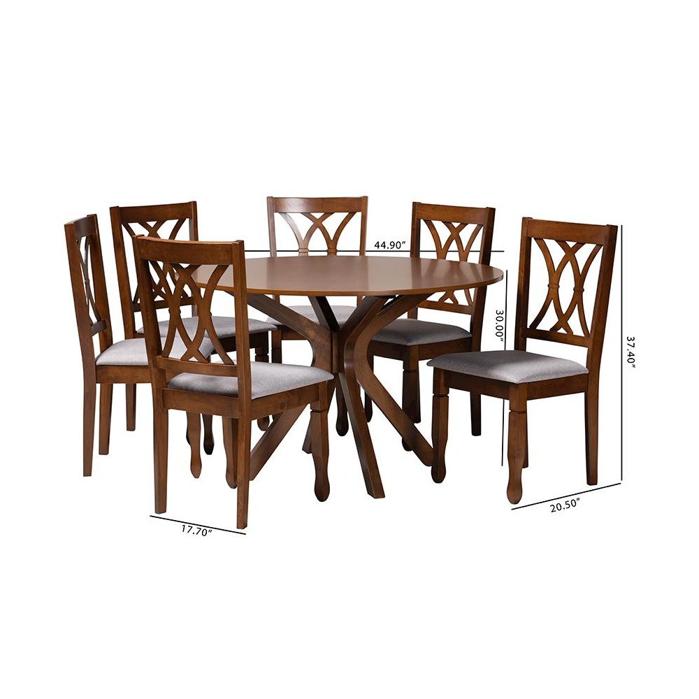 Maya Modern Grey Fabric and Walnut Brown Finished Wood 7-Piece Dining Set. Picture 10