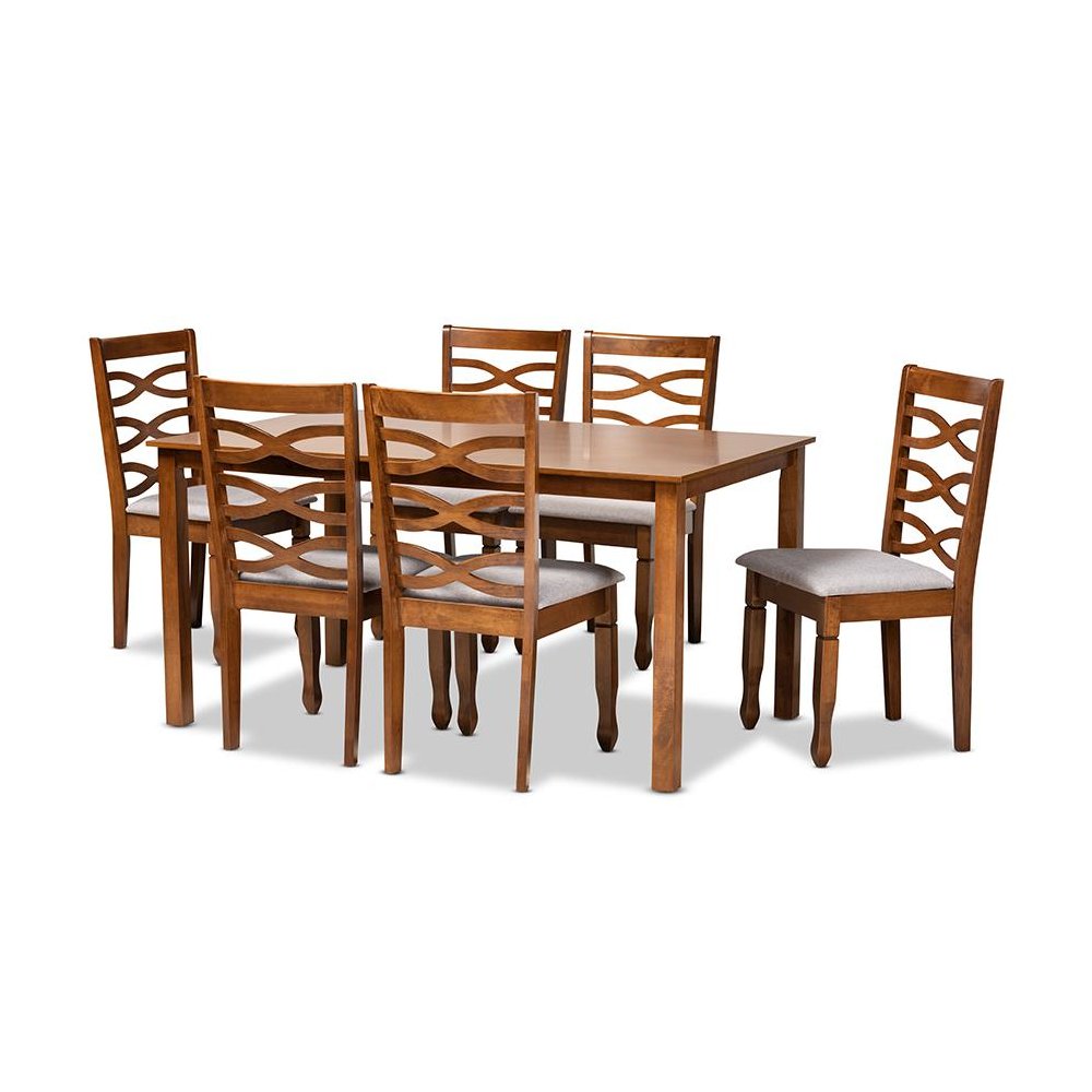 Grey Fabric Upholstered and Walnut Brown Finished Wood 7-Piece Dining Set. Picture 1