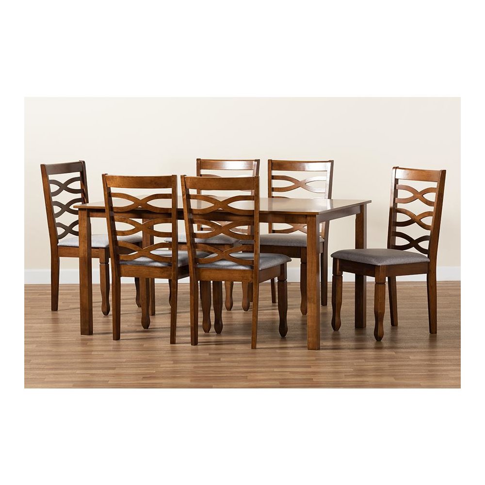 Grey Fabric Upholstered and Walnut Brown Finished Wood 7-Piece Dining Set. Picture 8