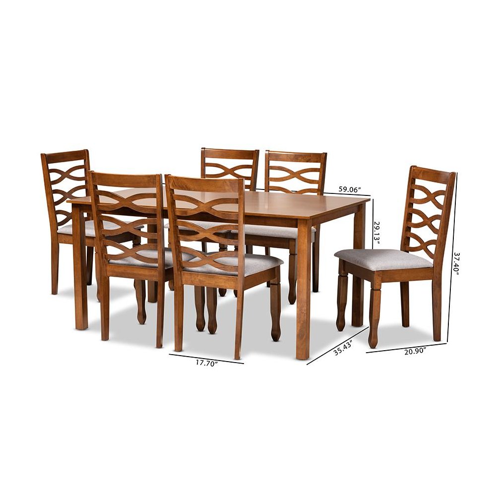 Grey Fabric Upholstered and Walnut Brown Finished Wood 7-Piece Dining Set. Picture 9