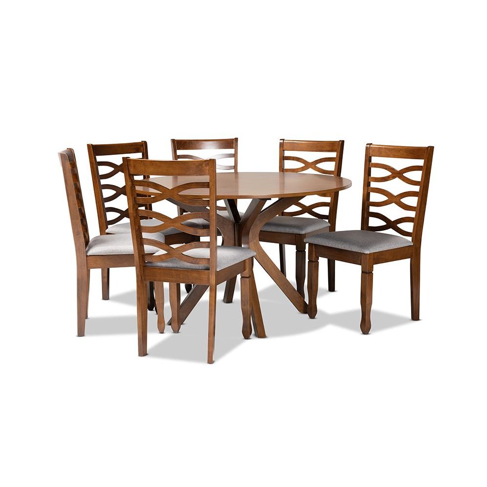 Grey Fabric Upholstered and Walnut Brown Finished Wood 7-Piece Dining Set. Picture 1