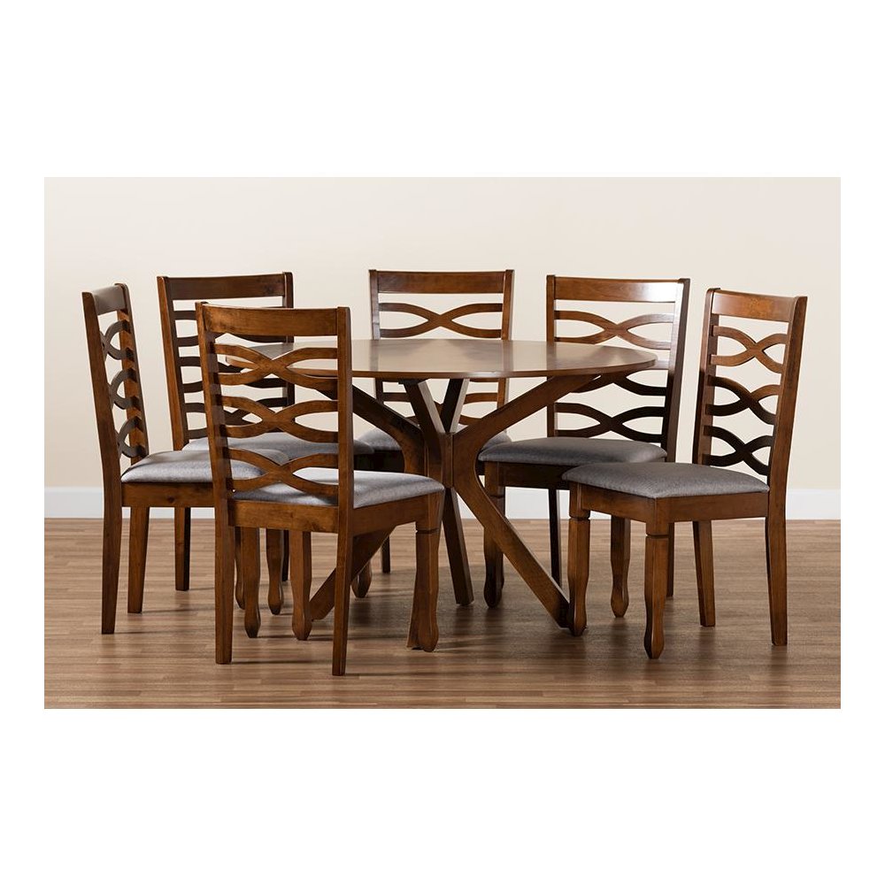 Grey Fabric Upholstered and Walnut Brown Finished Wood 7-Piece Dining Set. Picture 8