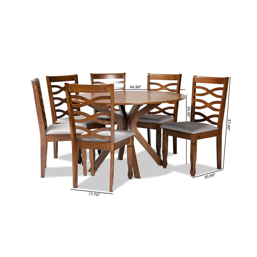 Grey Fabric Upholstered and Walnut Brown Finished Wood 7-Piece Dining Set. Picture 9