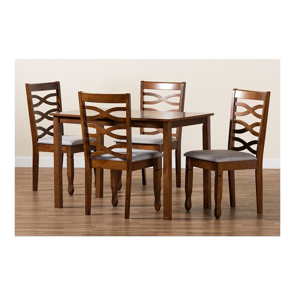 Grey Fabric Upholstered and Walnut Brown Finished Wood 5-Piece Dining Set. Picture 8