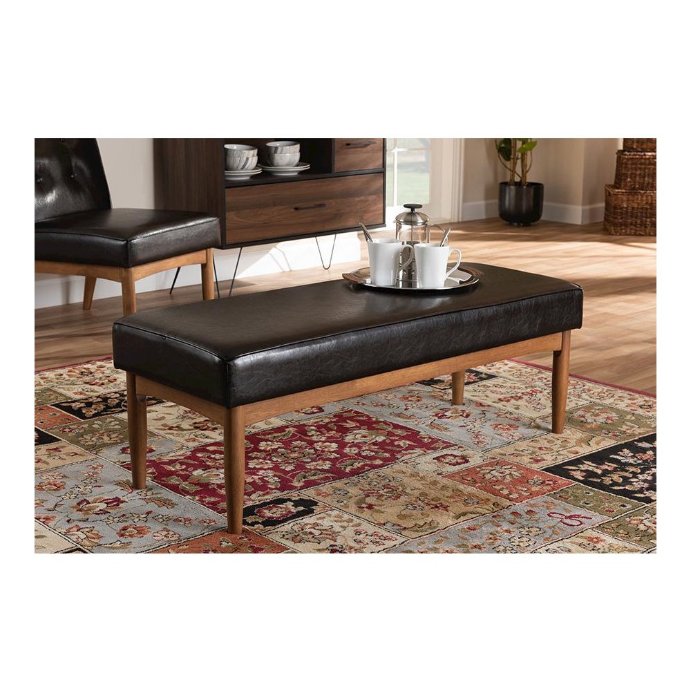 Arvid Mid-Century Modern Dark Brown Faux Leather Upholstered Wood Dining Bench. Picture 6