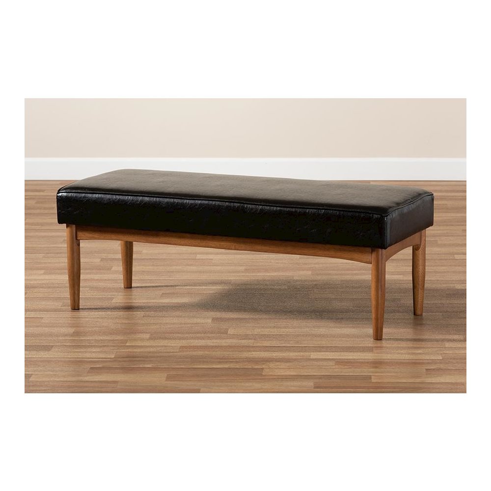 Arvid Mid-Century Modern Dark Brown Faux Leather Upholstered Wood Dining Bench. Picture 7
