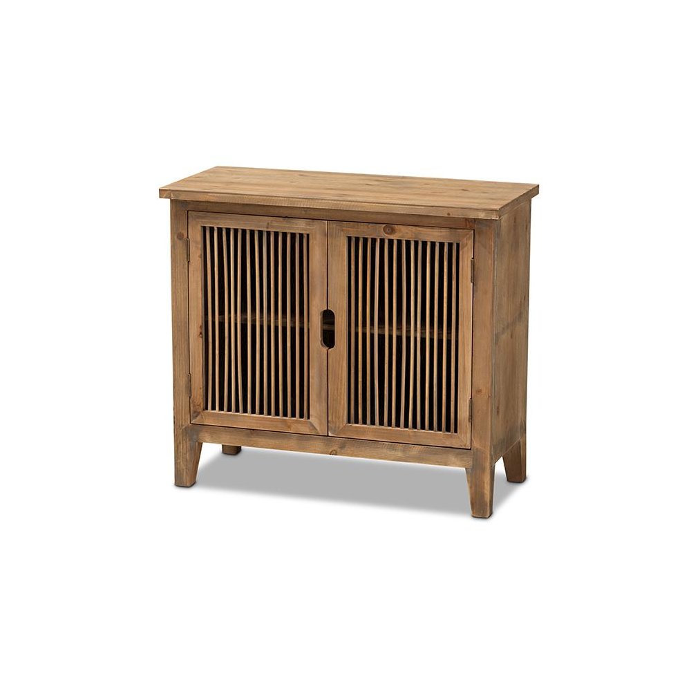 Transitional Medium Oak Finished 2-Door Wood Spindle Accent Storage Cabinet. Picture 1