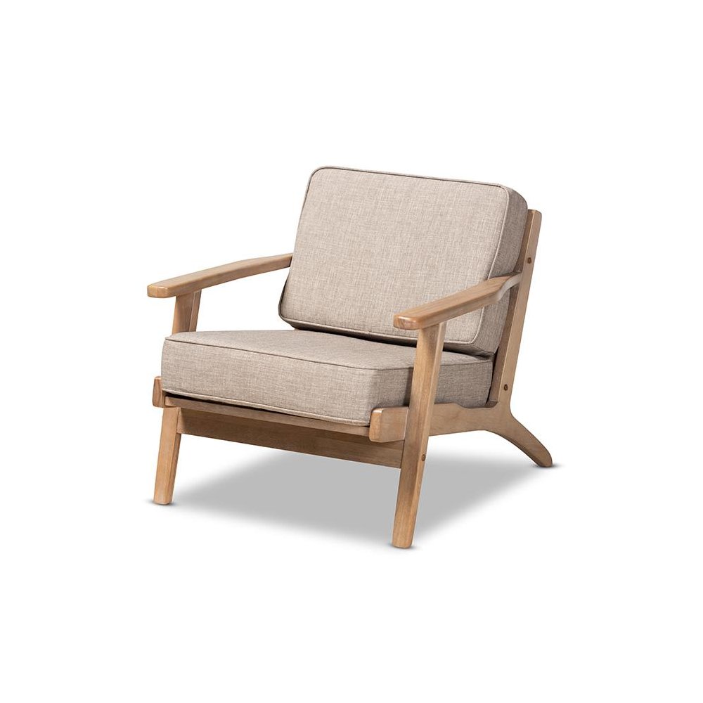 Light Grey Fabric Upholstered Antique Oak Finished Wood Armchair. Picture 1