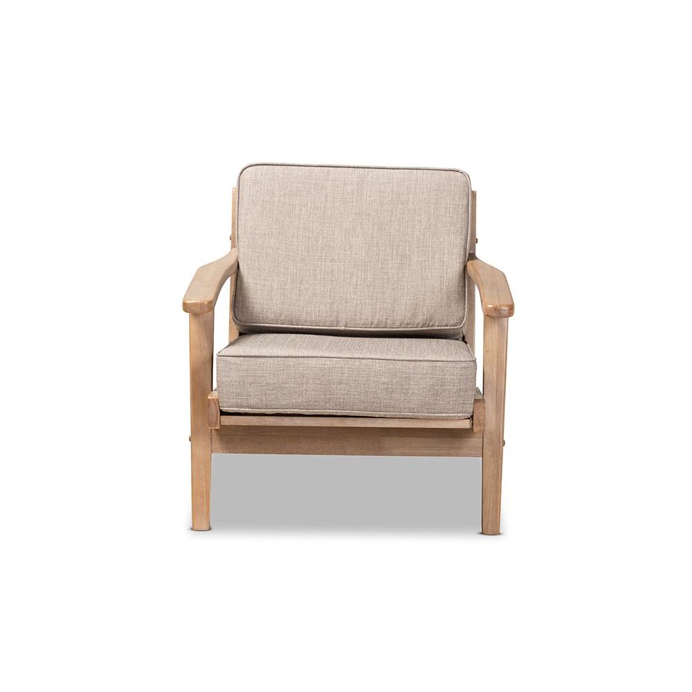 Light Grey Fabric Upholstered Antique Oak Finished Wood Armchair. Picture 2