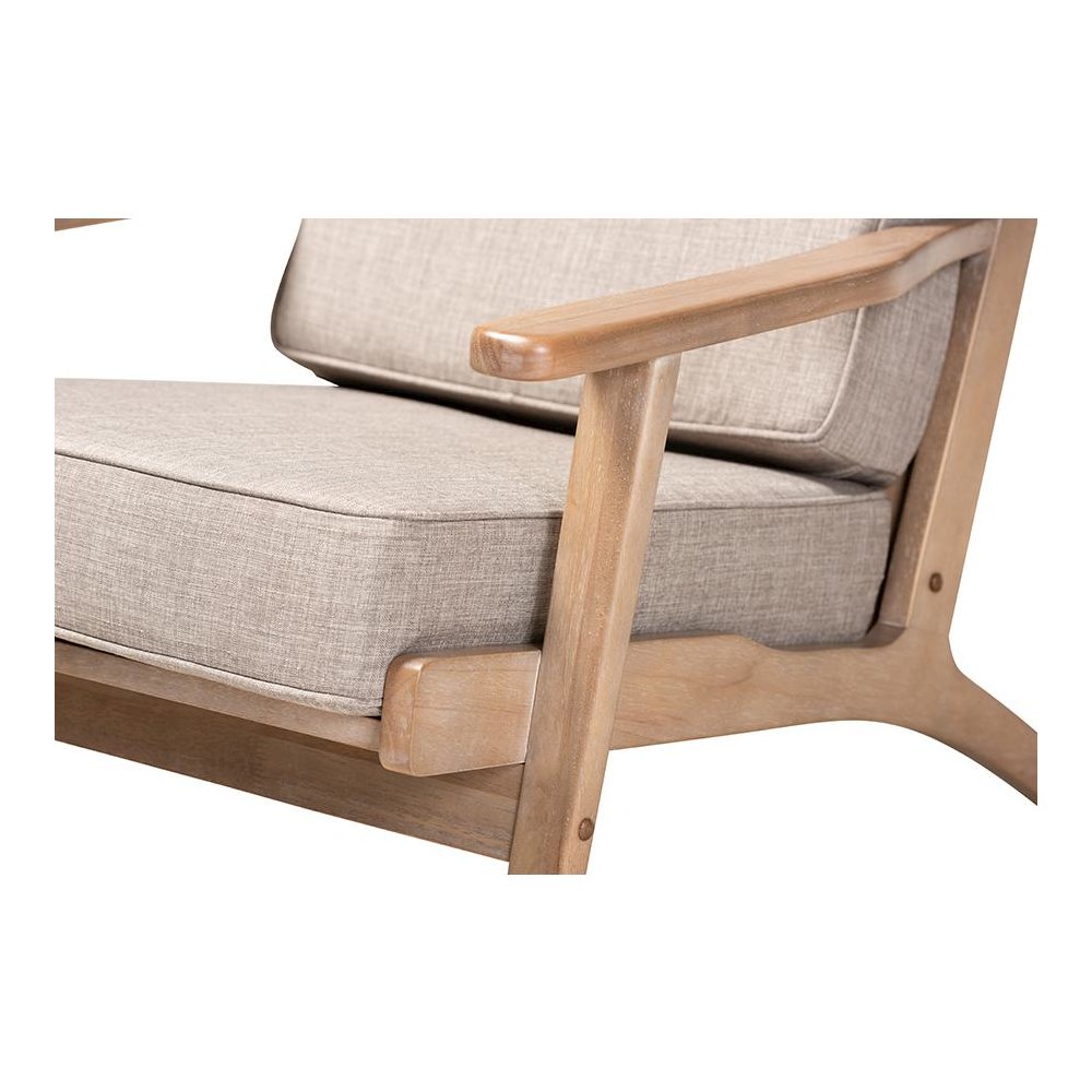 Light Grey Fabric Upholstered Antique Oak Finished Wood Armchair. Picture 6