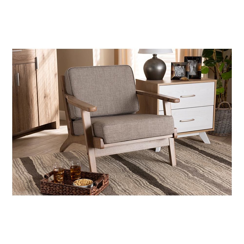 Light Grey Fabric Upholstered Antique Oak Finished Wood Armchair. Picture 7
