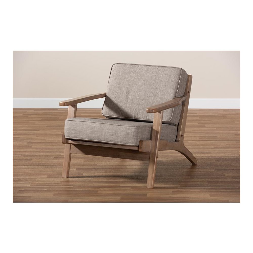 Light Grey Fabric Upholstered Antique Oak Finished Wood Armchair. Picture 8