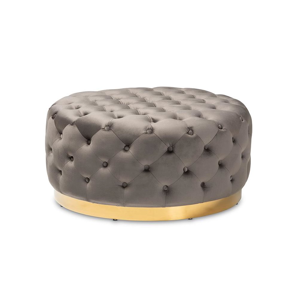 Luxe Grey Velvet Fabric Upholstered Gold Finished Round Cocktail Ottoman. Picture 1