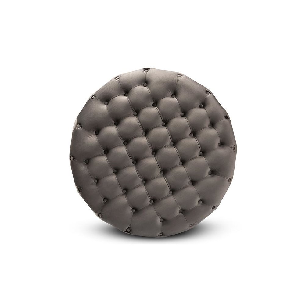 Luxe Grey Velvet Fabric Upholstered Gold Finished Round Cocktail Ottoman. Picture 2